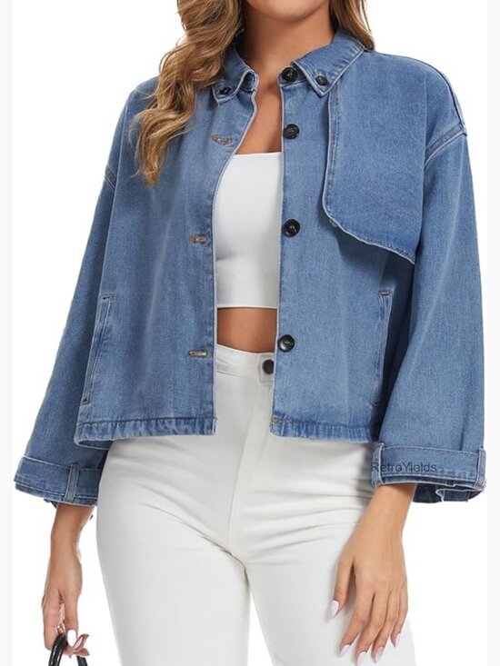 Jackets & Blazers - Vintage Denim Jacket - Button Down Long Sleeve Trench Coat with Pockets